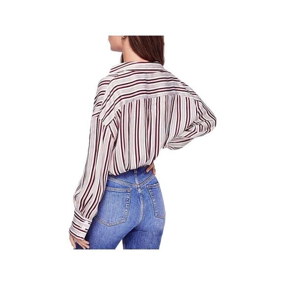 Free People Mad About You Red Striped Button Up Long Sleeve Blouse Sz M - Picture 2 of 6